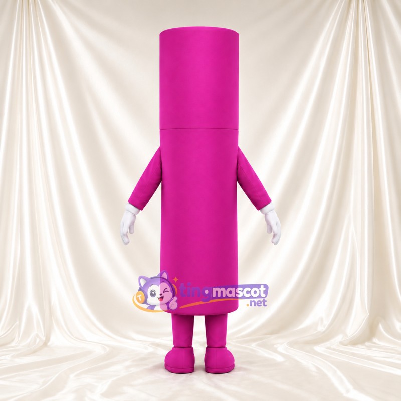 Pink Cosmetic Tube Mascot Costume - Tall Cylindrical Body and White Gloves Pink Cosmetic Tube Mascot Costume - Tall Cylindrical Body and White Gloves
