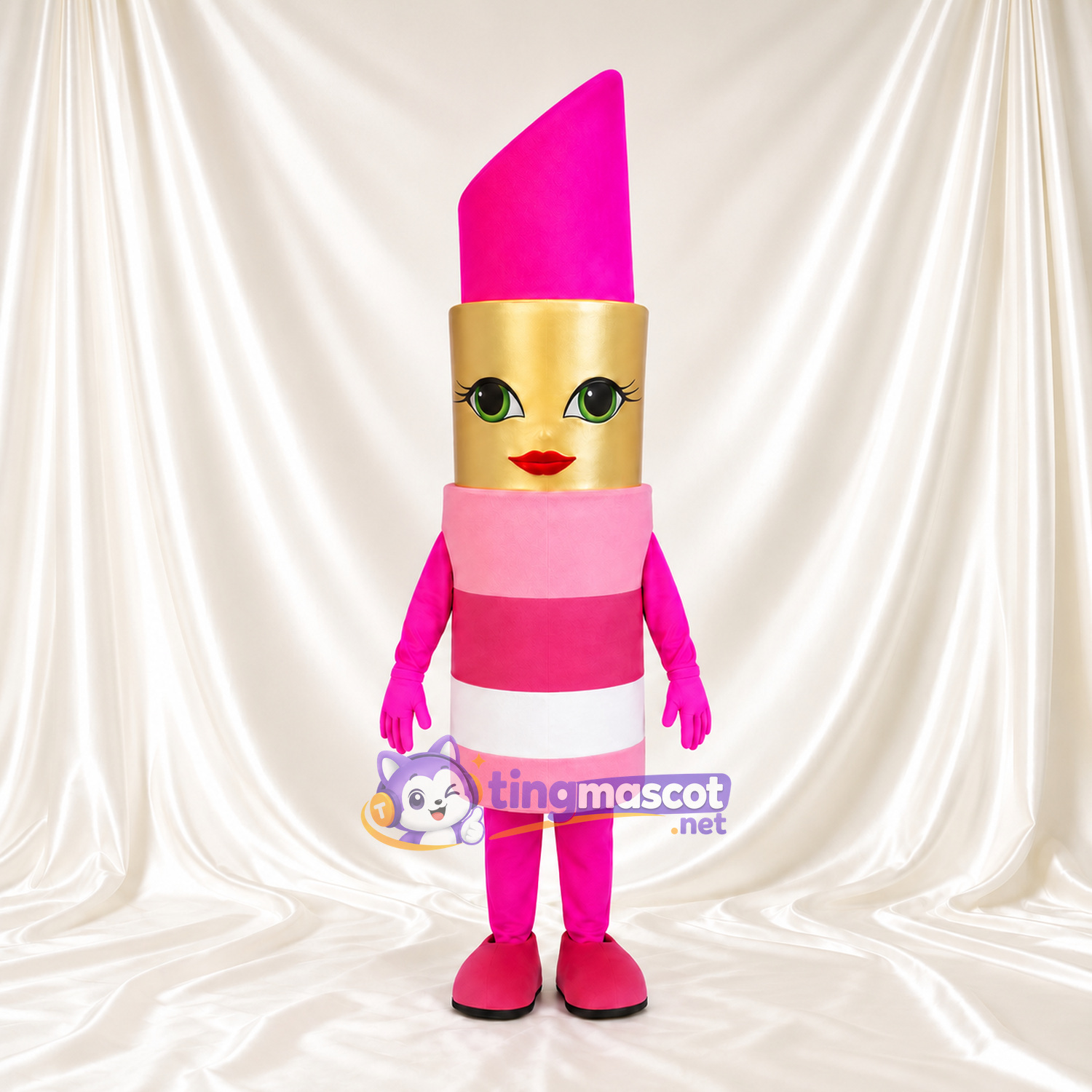 Pink Lipstick Mascot Costume - Gold Face and Striped Tube Pink Lipstick Mascot Costume - Gold Face and Striped Tube