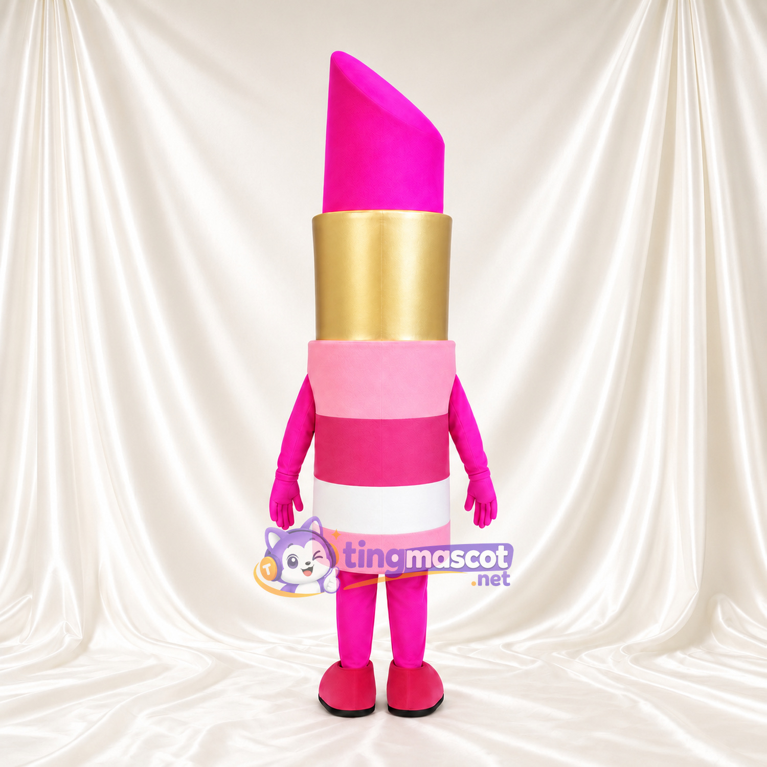 Pink Lipstick Mascot Costume - Gold Face and Striped Tube Pink Lipstick Mascot Costume - Gold Face and Striped Tube