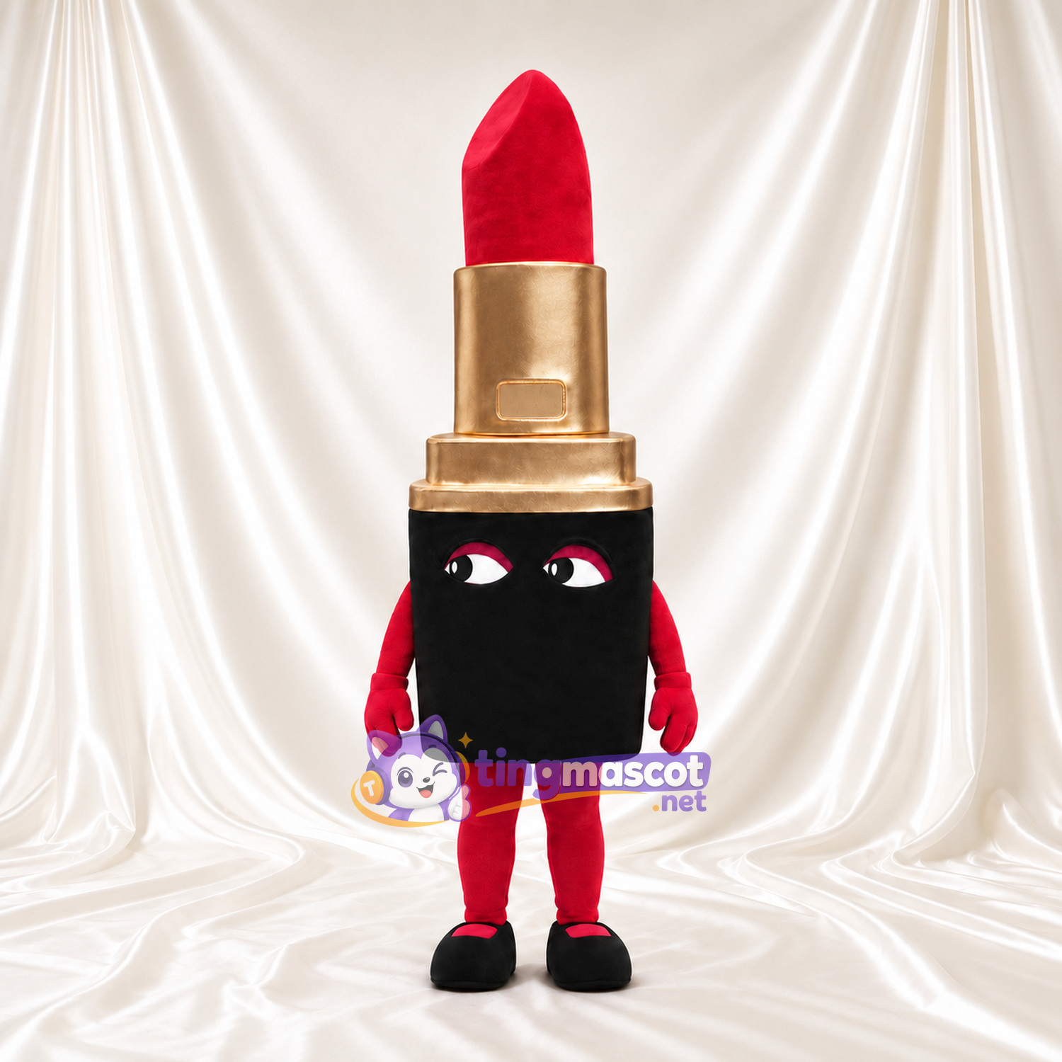 Maskottchenkostüm Lippenstift – rot – Gesicht (goldfarben, schwarz) Maskottchenkostüm Lippenstift – rot – Gesicht (goldfarben, schwarz)