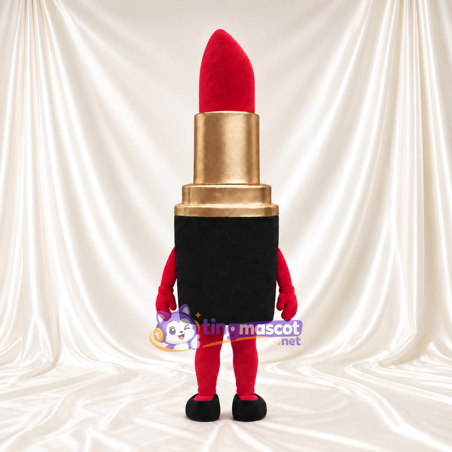 Maskottchenkostüm Lippenstift – rot – Gesicht (goldfarben, schwarz) Maskottchenkostüm Lippenstift – rot – Gesicht (goldfarben, schwarz)