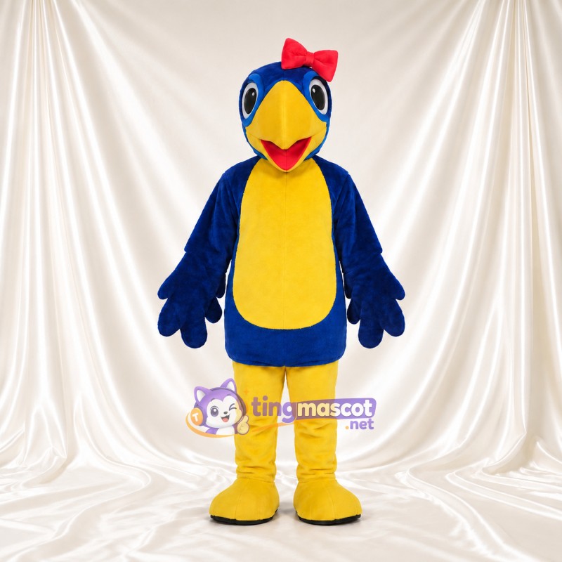 Costume de mascotte Oiseau – bleu / jaune – Nœud sur la tête (rouge)