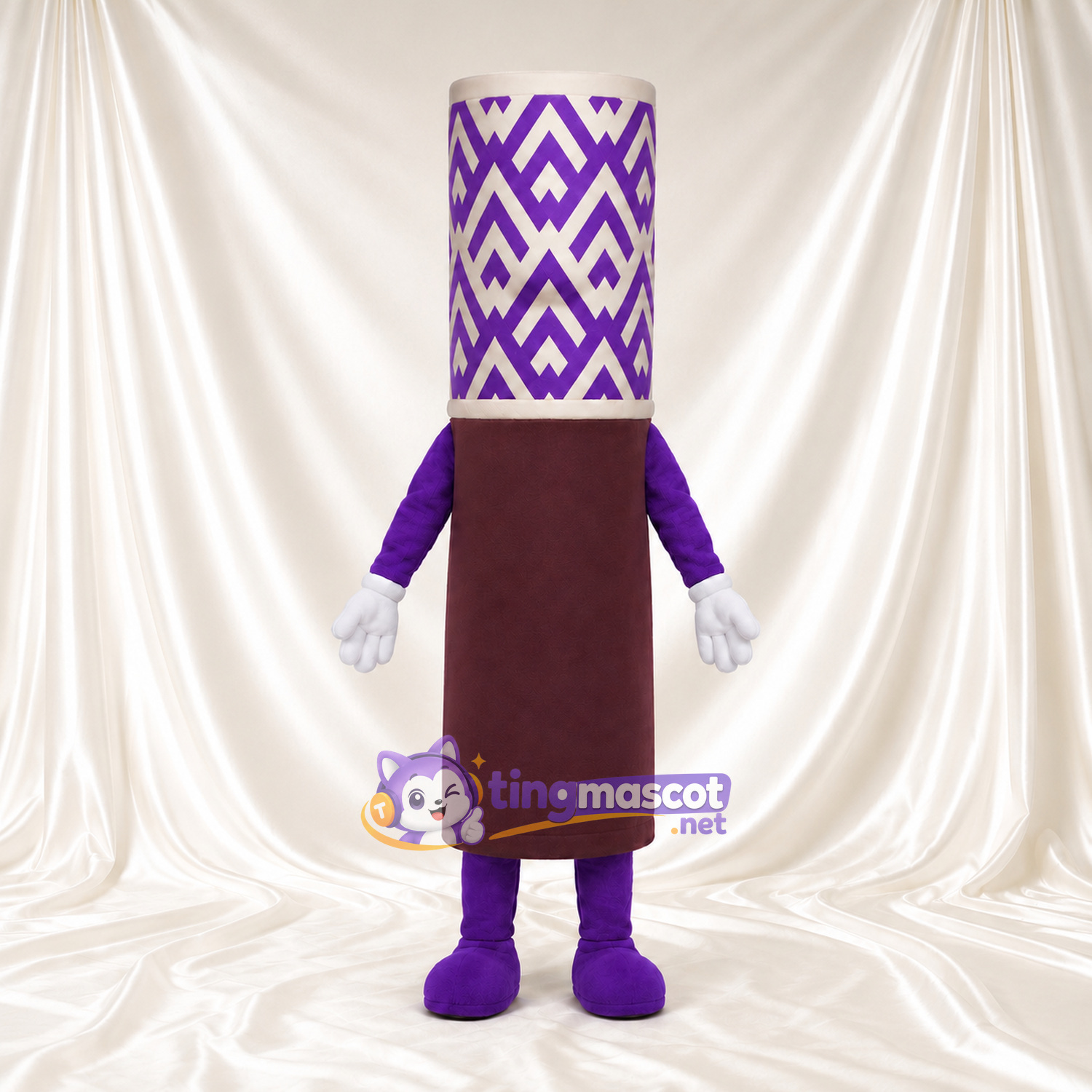 Purple Cosmetic Tube Mascot Costume - White Chevron Pattern Cap Purple Cosmetic Tube Mascot Costume - White Chevron Pattern Cap