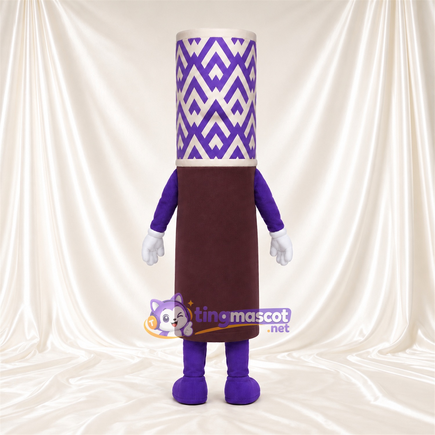 Purple Cosmetic Tube Mascot Costume - White Chevron Pattern Cap Purple Cosmetic Tube Mascot Costume - White Chevron Pattern Cap