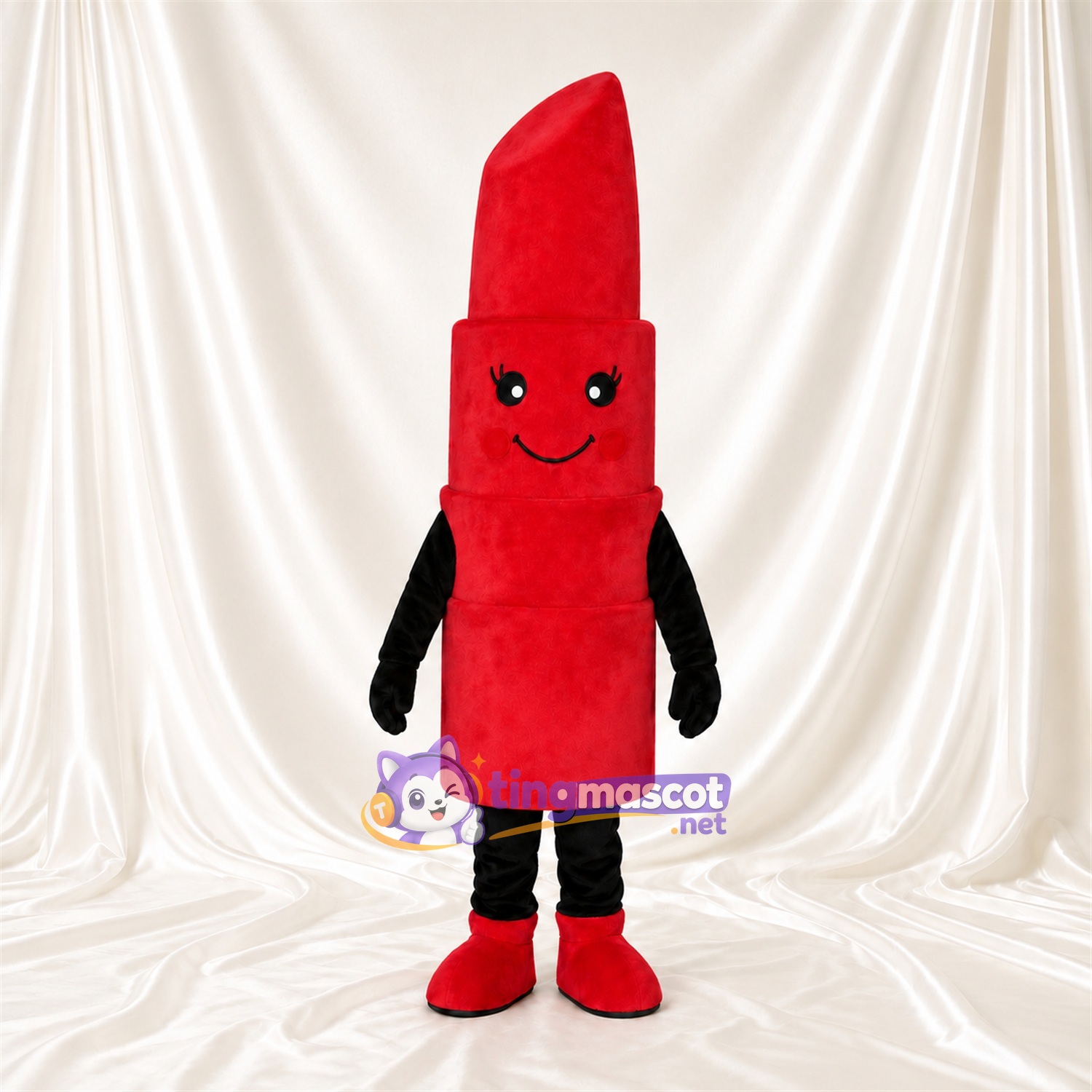 Costume de mascotte Rouge à lèvres – rouge – Visage souriant; Membres (noir) Costume de mascotte Rouge à lèvres – rouge – Visage souriant; Membres (noir)