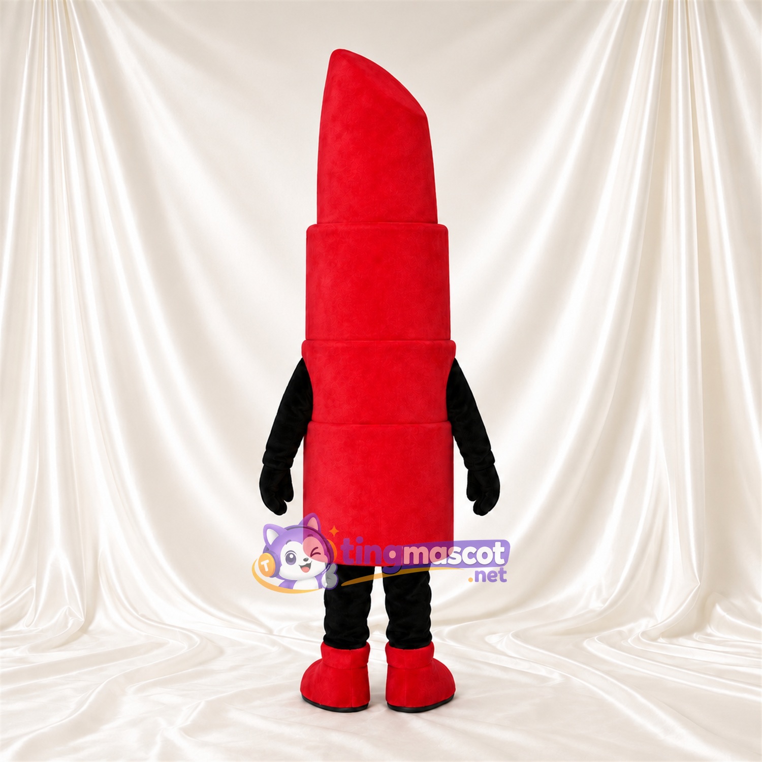 Costume de mascotte Rouge à lèvres – rouge – Visage souriant; Membres (noir) Costume de mascotte Rouge à lèvres – rouge – Visage souriant; Membres (noir)