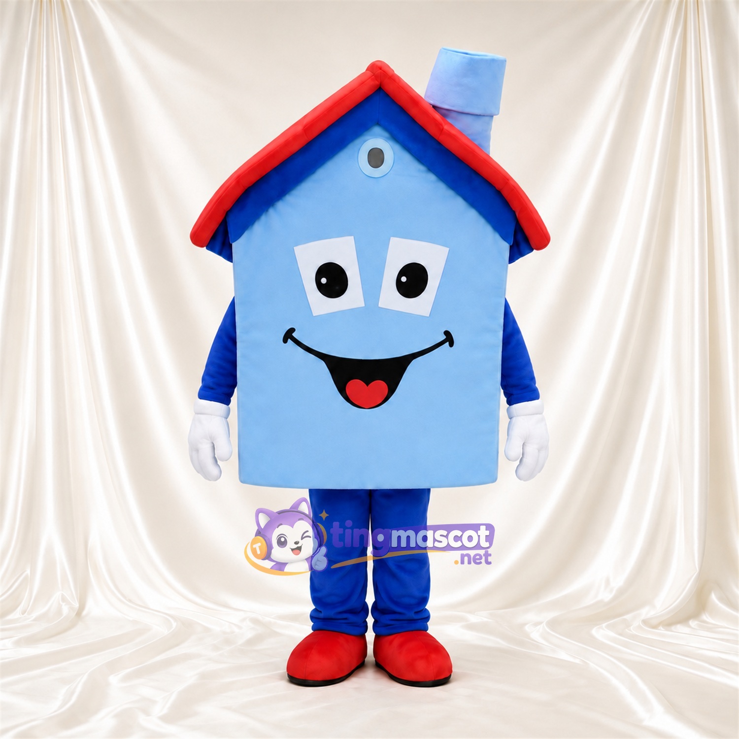 Blue House Mascot Costume - Red Roof and Smiling Face