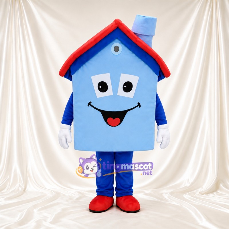 Blue House Mascot Costume - Red Roof and Smiling Face Blue House Mascot Costume - Red Roof and Smiling Face