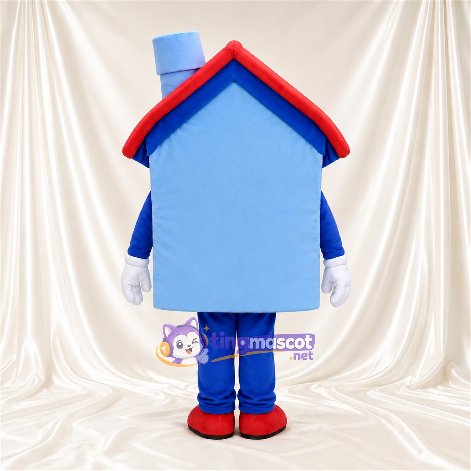 Blue House Mascot Costume - Red Roof and Smiling Face