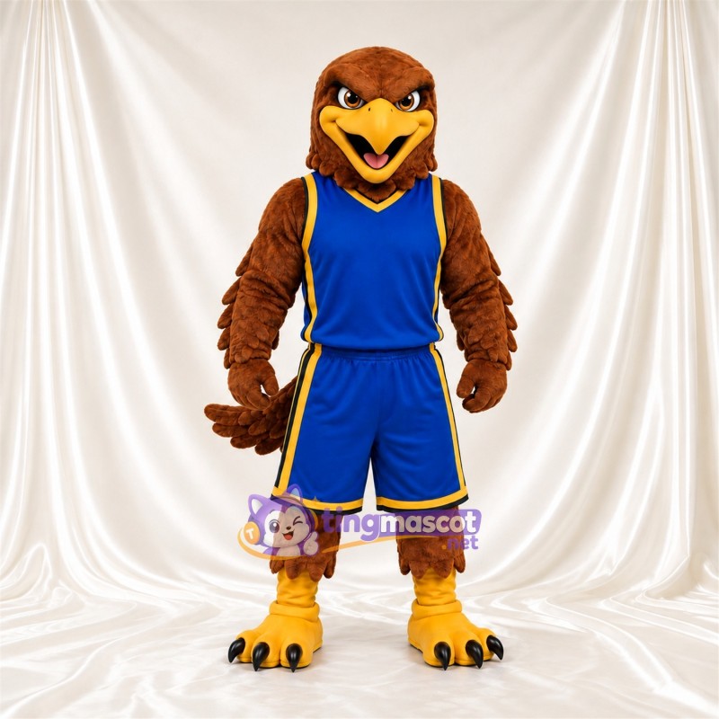Costume de mascotte Faucon – marron – Tenue de basket (bleu); Bordure (doré)