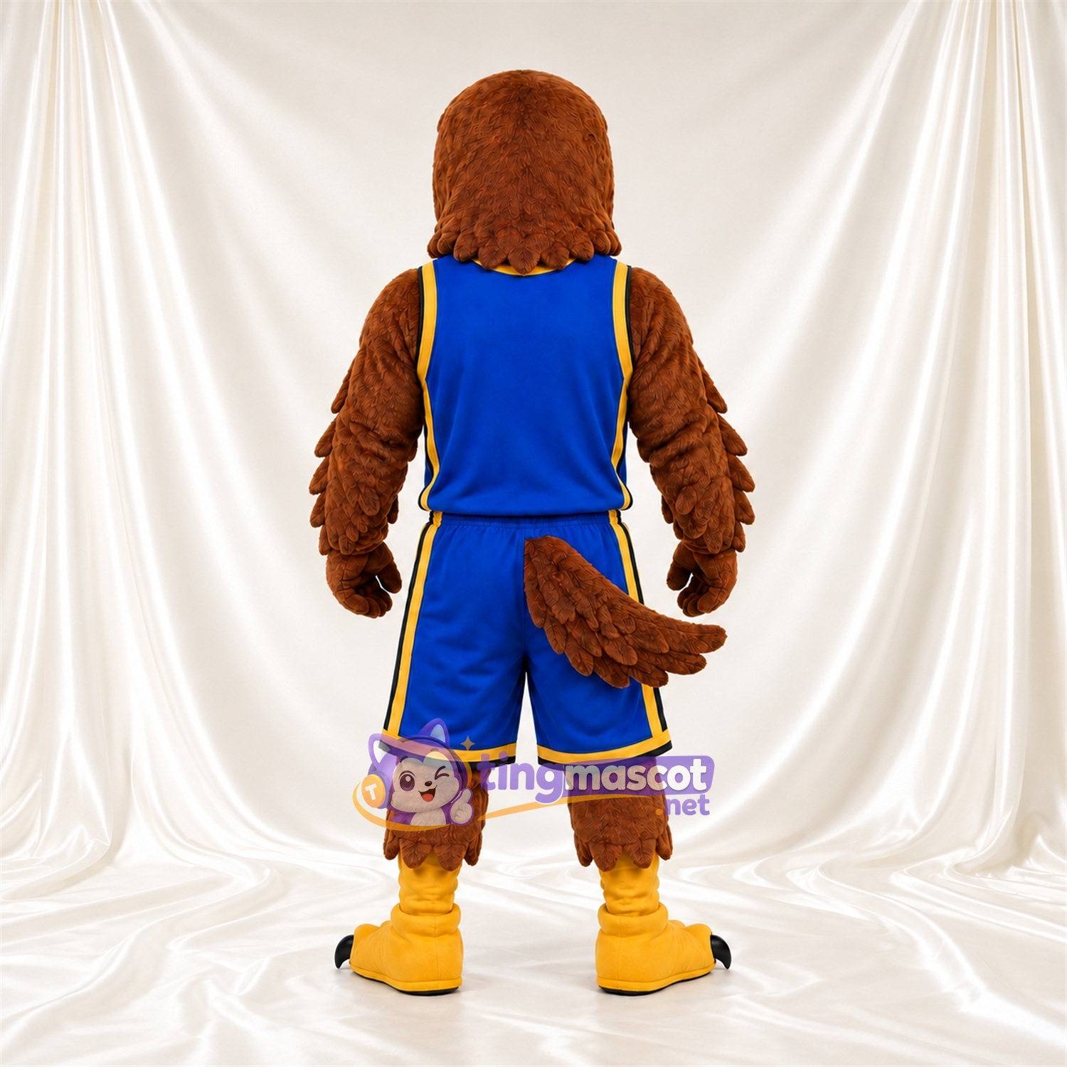 Costume de mascotte Faucon – marron – Tenue de basket (bleu); Bordure (doré)