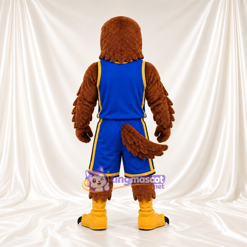 Costume de mascotte Faucon – marron – Tenue de basket (bleu); Bordure (doré)