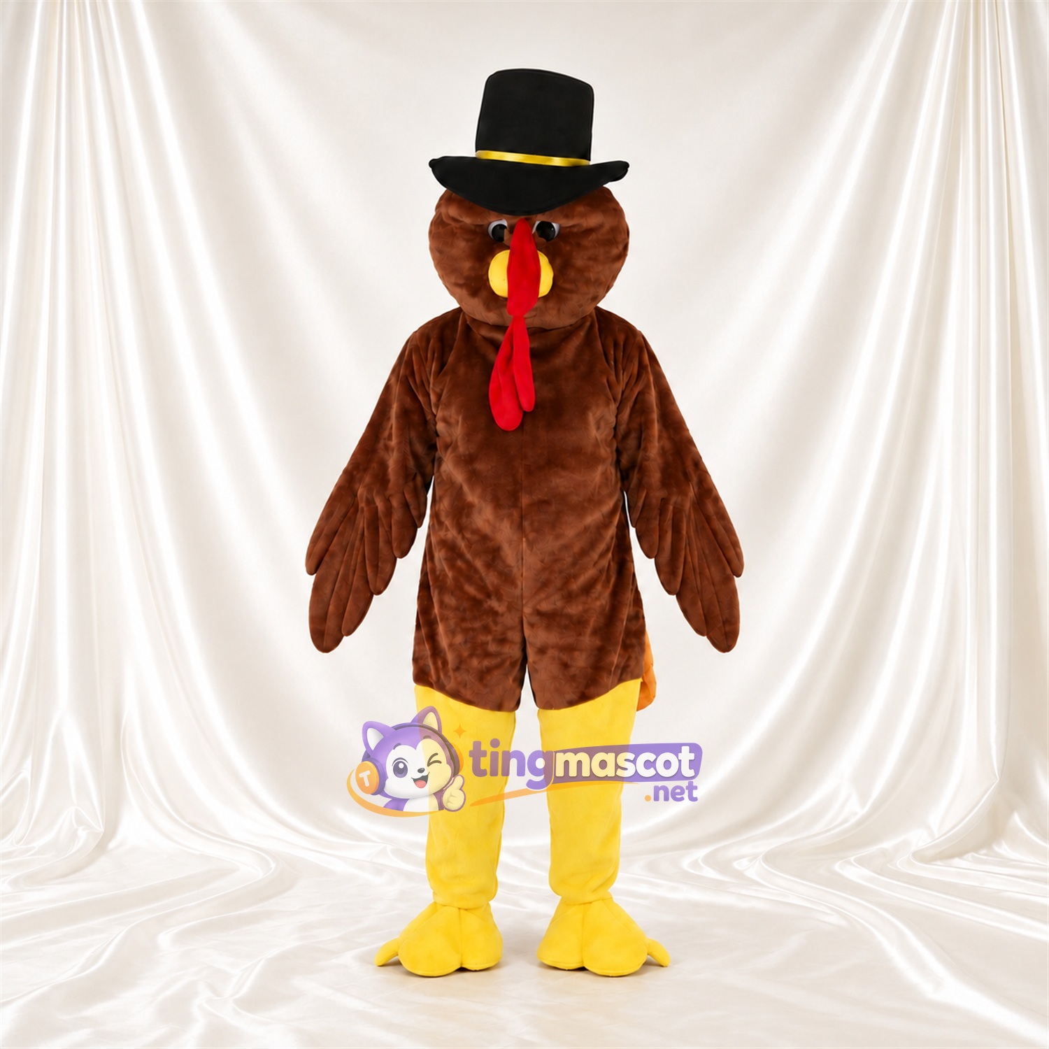 Brown Turkey Mascot Costume - Black Pilgrim Hat and Red Wattle Brown Turkey Mascot Costume - Black Pilgrim Hat and Red Wattle