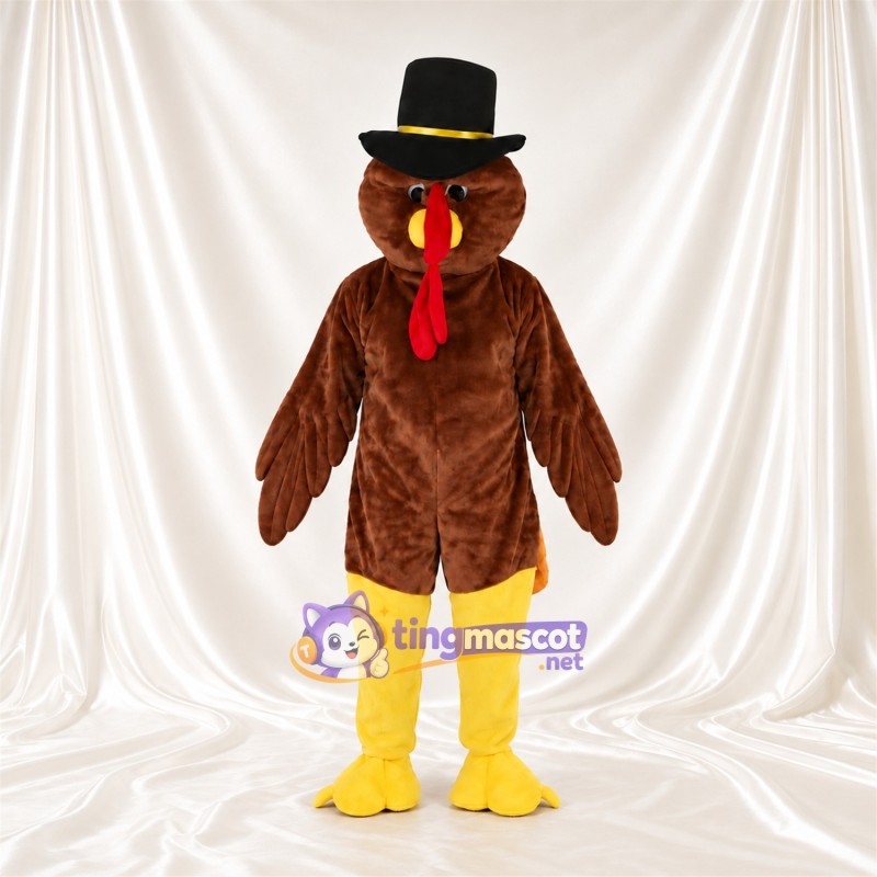 Brown Turkey Mascot Costume - Black Pilgrim Hat and Red Wattle