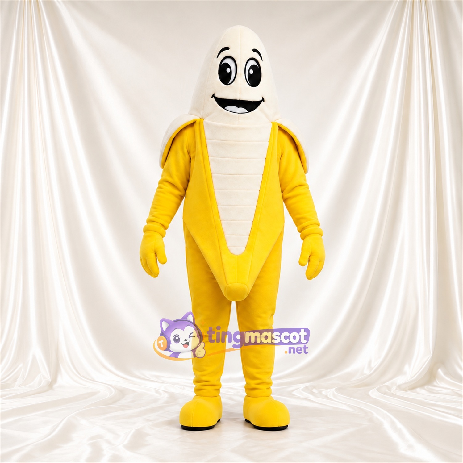 Yellow Banana Mascot Costume - Peeled Sides and Smiling White Fruit Yellow Banana Mascot Costume - Peeled Sides and Smiling White Fruit