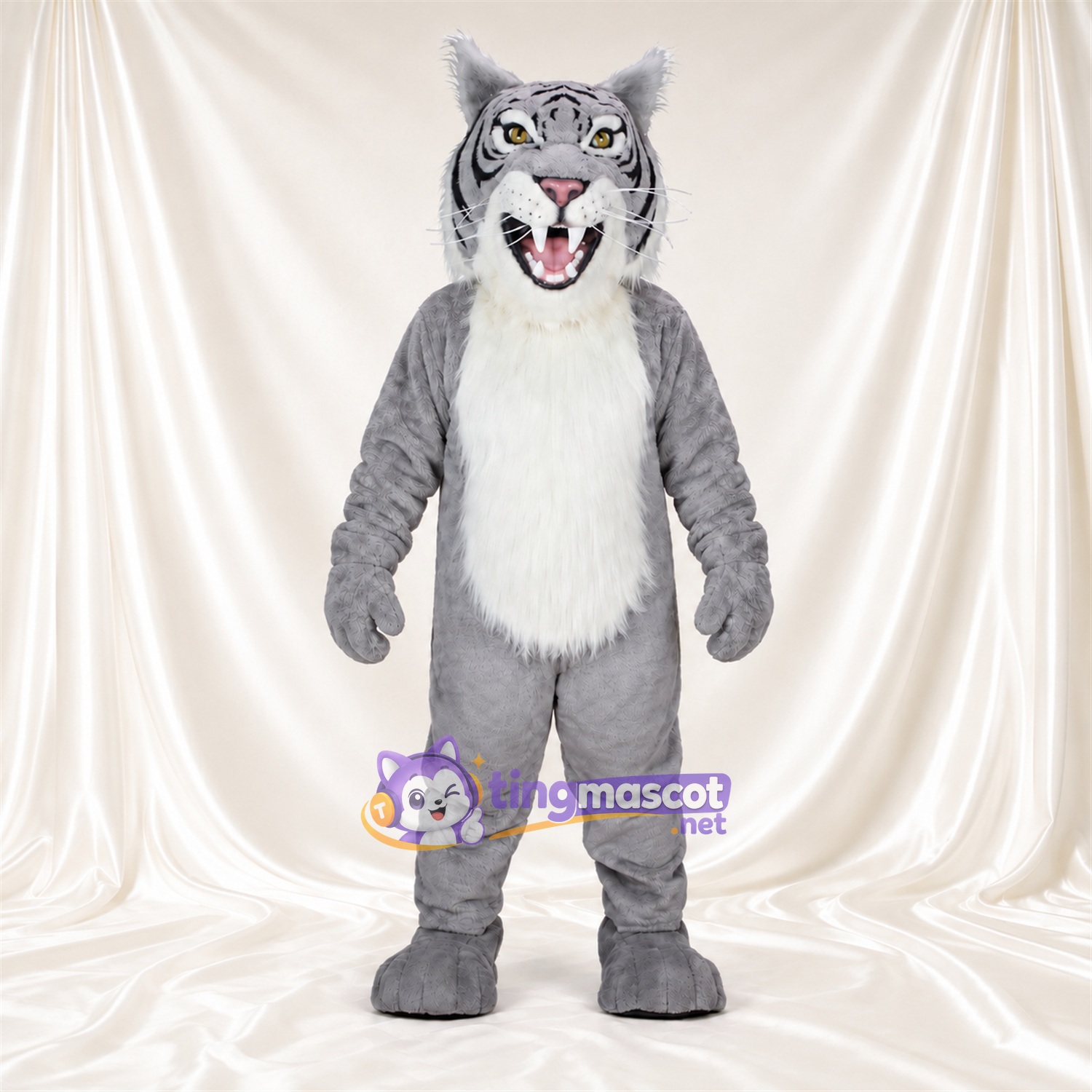 Costume de mascotte Tigre – blanc – Corps (gris); Torse (hirsute, blanc) Costume de mascotte Tigre – blanc – Corps (gris); Torse (hirsute, blanc)