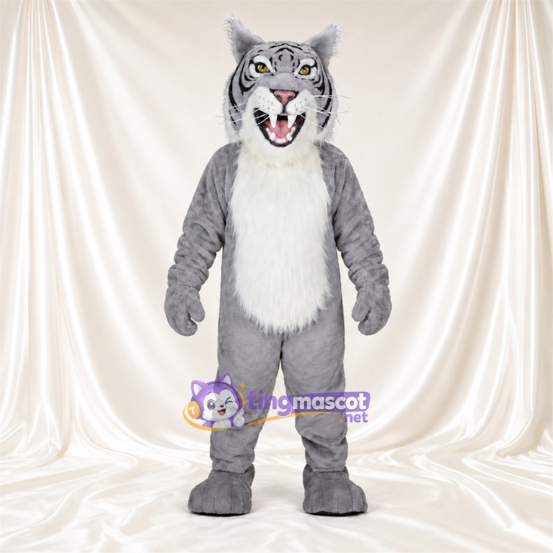 Costume de mascotte Tigre – blanc – Corps (gris); Torse (hirsute, blanc) Costume de mascotte Tigre – blanc – Corps (gris); Torse (hirsute, blanc)