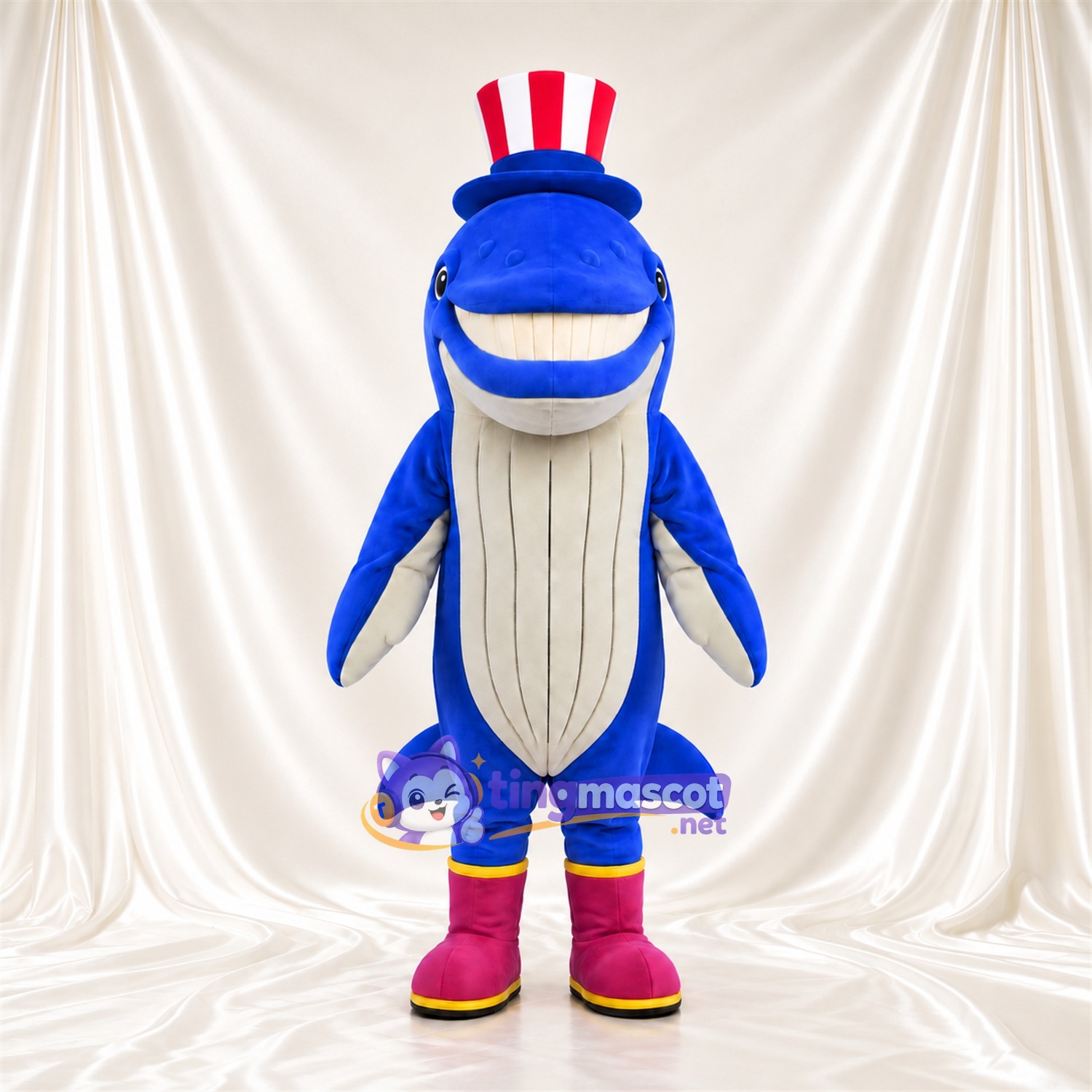 Costume de mascotte Baleine – bleu – Haut-de-forme (rayé); Bottes (rouge) Costume de mascotte Baleine – bleu – Haut-de-forme (rayé); Bottes (rouge)