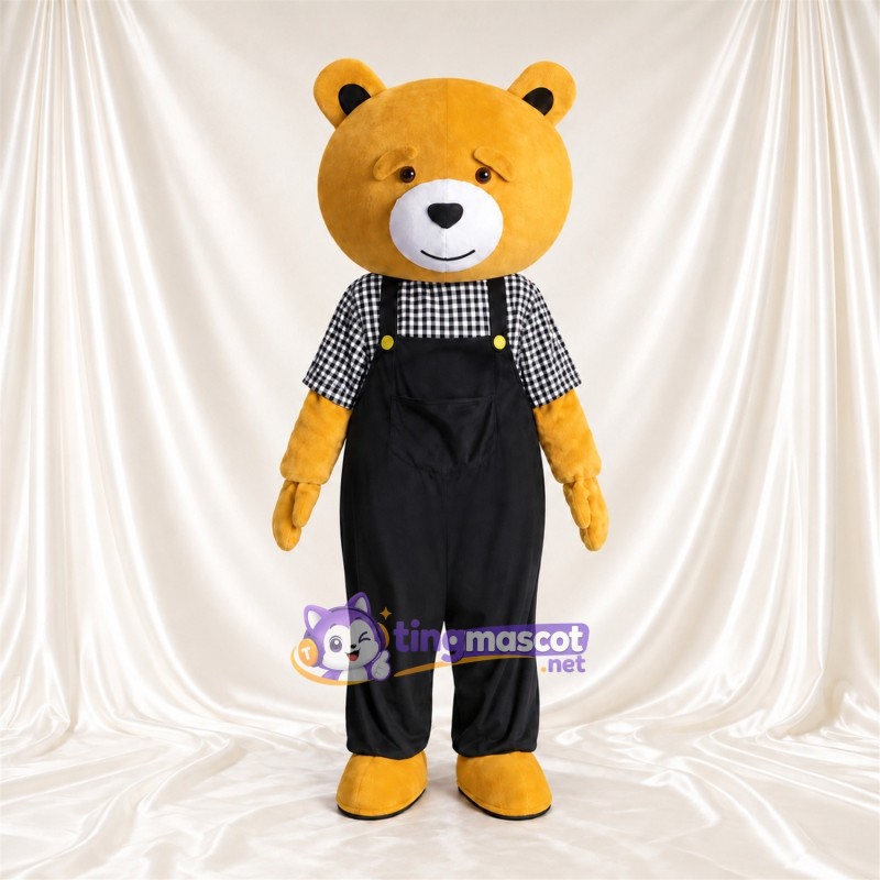 Golden Bear Mascot Costume - Black Overalls and Checked Shirt Golden Bear Mascot Costume - Black Overalls and Checked Shirt