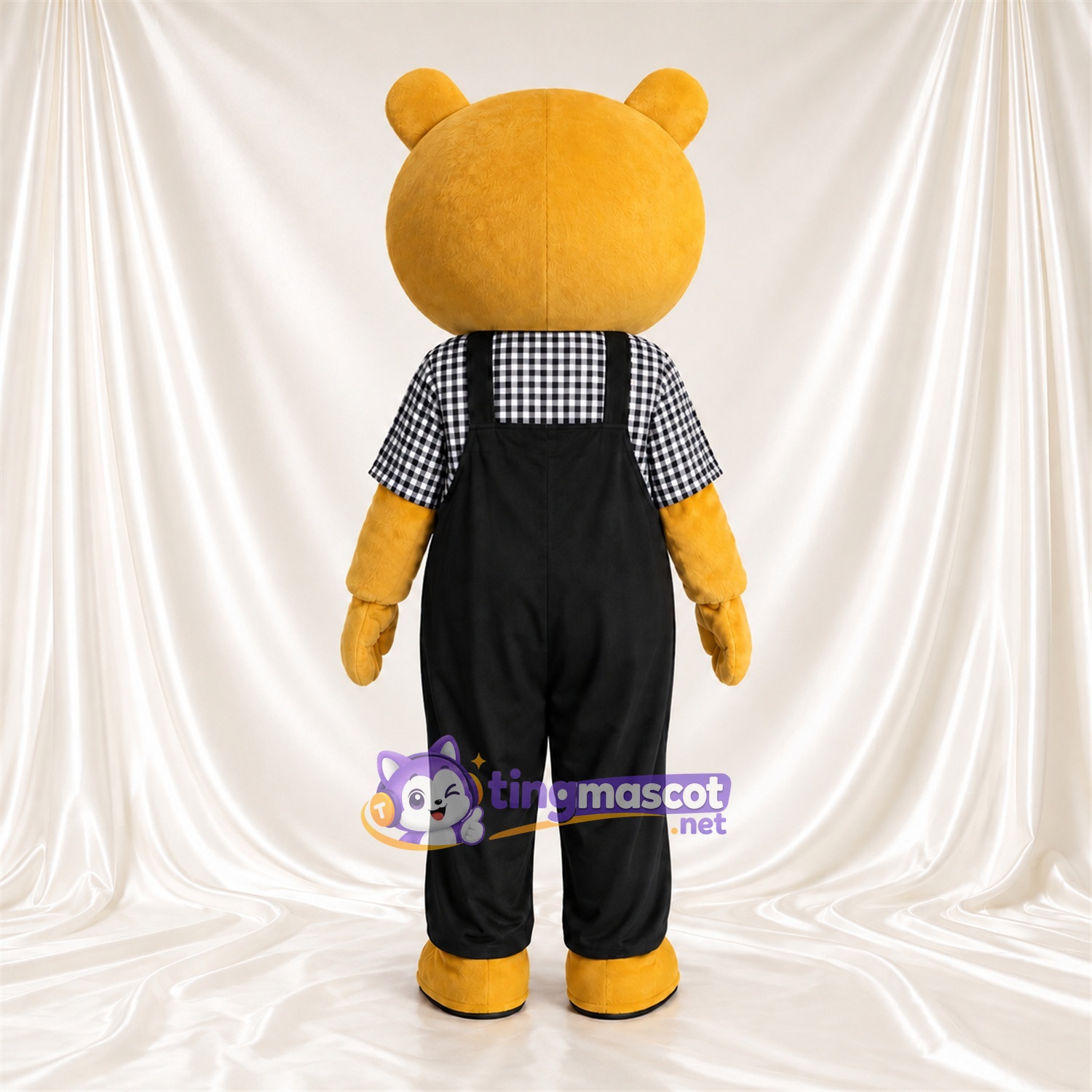 Golden Bear Mascot Costume - Black Overalls and Checked Shirt Golden Bear Mascot Costume - Black Overalls and Checked Shirt