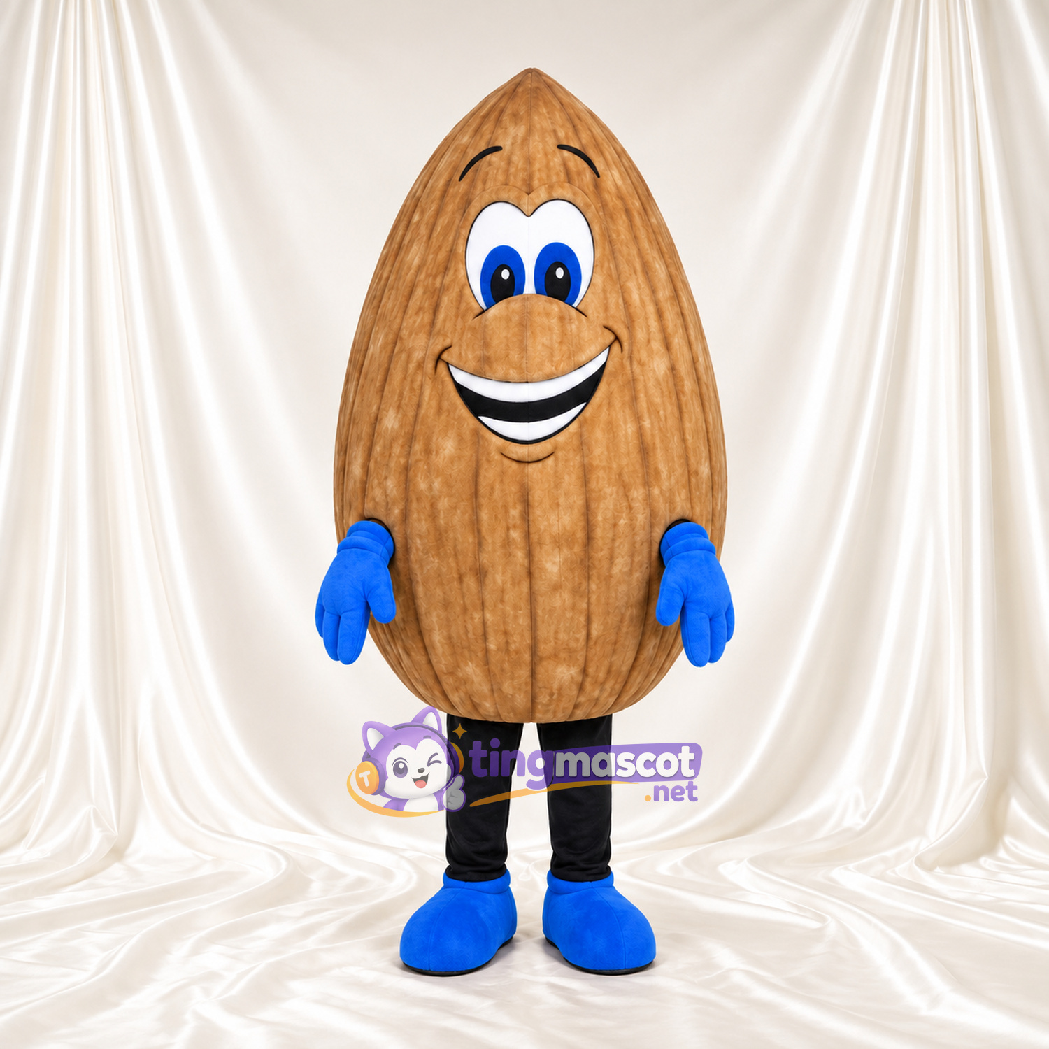 Almond Mascot Costume - Wood-Grain Shell and Blue Gloves Almond Mascot Costume - Wood-Grain Shell and Blue Gloves