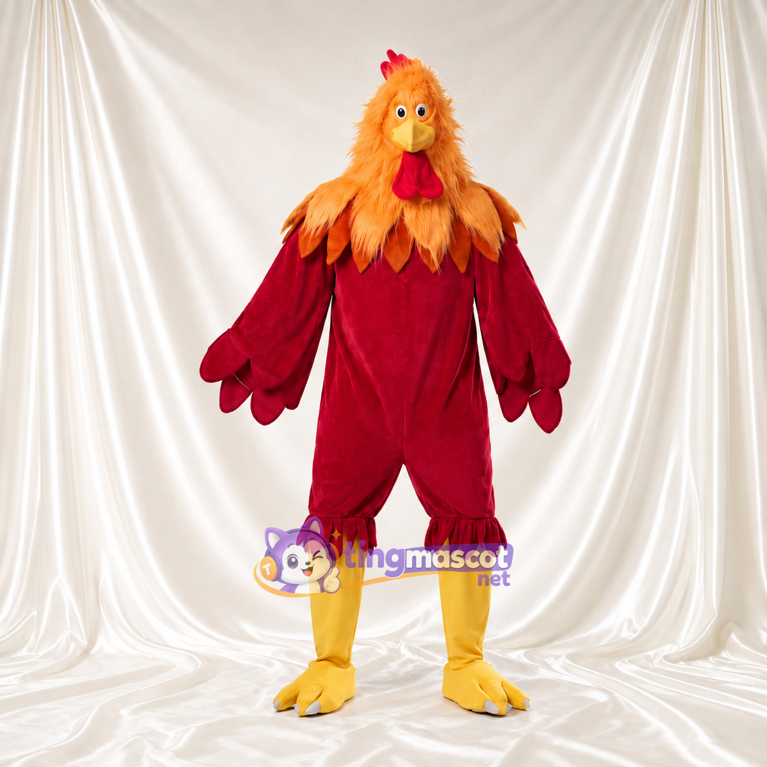Red Rooster Mascot Costume - Orange Neck Feathers and Yellow Legs Red Rooster Mascot Costume - Orange Neck Feathers and Yellow Legs