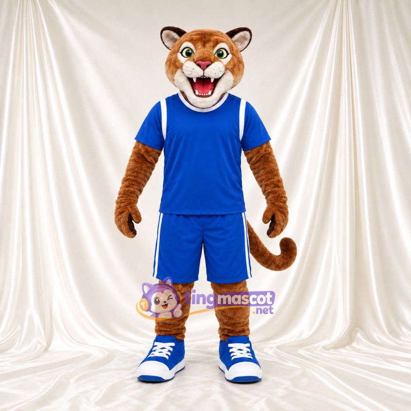 Brown Cougar Mascot Costume - Blue Sports Uniform and Blue Sneakers Brown Cougar Mascot Costume - Blue Sports Uniform and Blue Sneakers