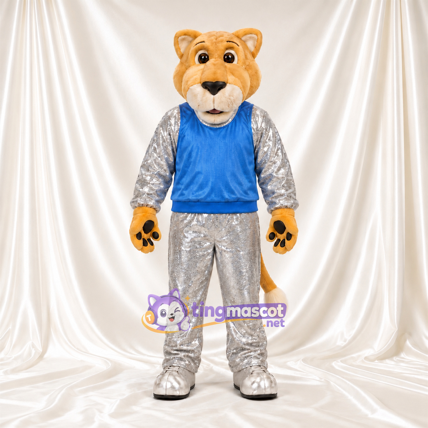 Golden Cougar Mascot Costume - Blue Top and Silver Outfit Golden Cougar Mascot Costume - Blue Top and Silver Outfit