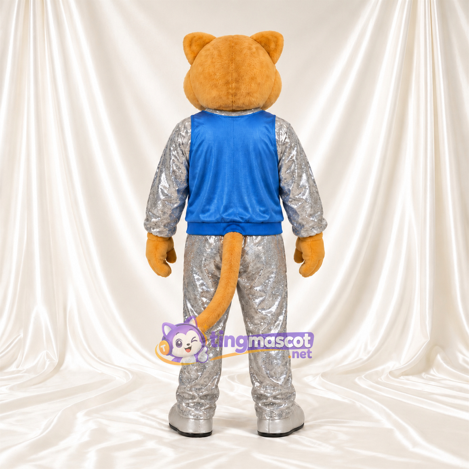 Golden Cougar Mascot Costume - Blue Top and Silver Outfit Golden Cougar Mascot Costume - Blue Top and Silver Outfit