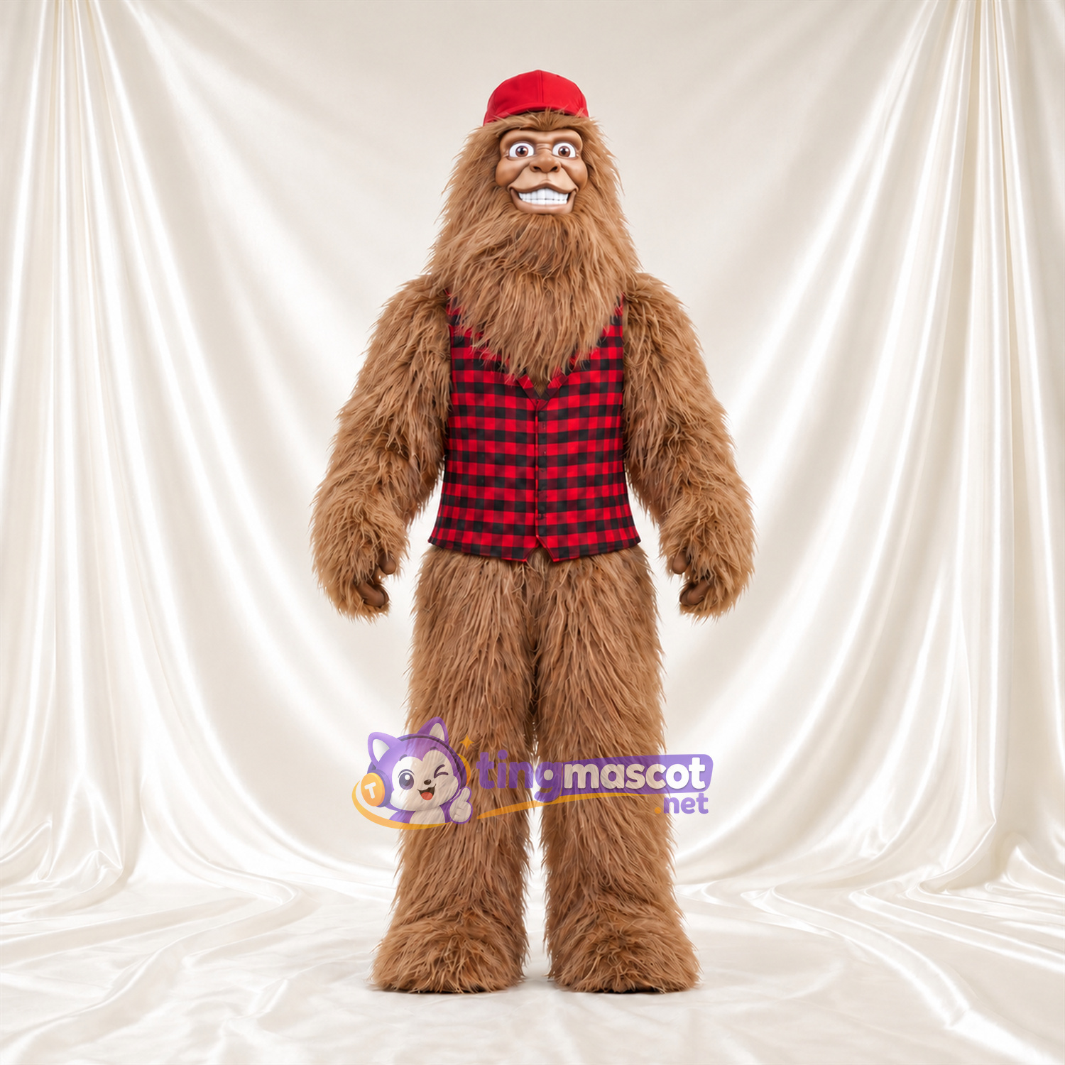 Costume de mascotte Bigfoot – marron – Casquette (rouge); Gilet Costume de mascotte Bigfoot – marron – Casquette (rouge); Gilet