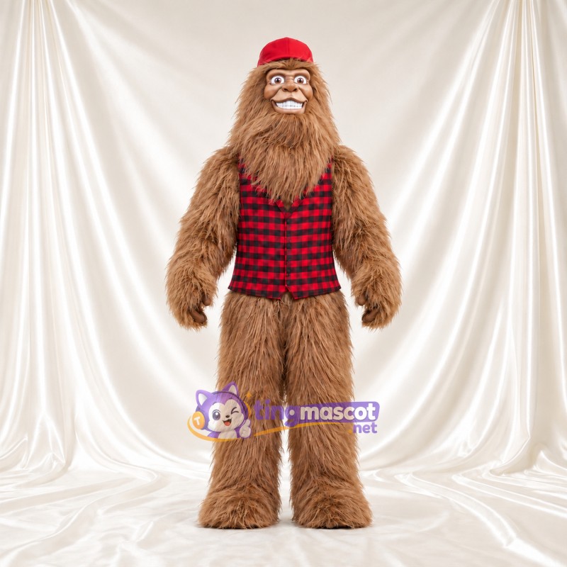 Costume de mascotte Bigfoot – marron – Casquette (rouge); Gilet Costume de mascotte Bigfoot – marron – Casquette (rouge); Gilet