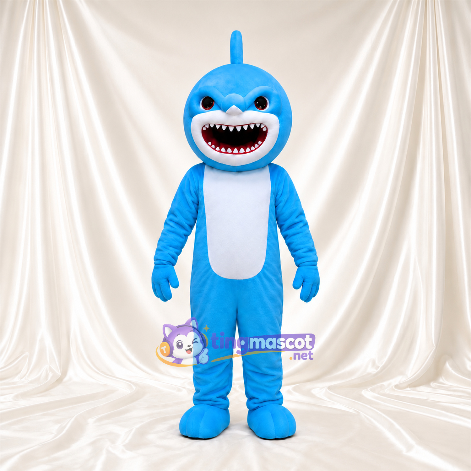Costume de mascotte Requin – bleu – Ventre (blanc); Bouche (large, avec dents) Costume de mascotte Requin – bleu – Ventre (blanc); Bouche (large, avec dents)