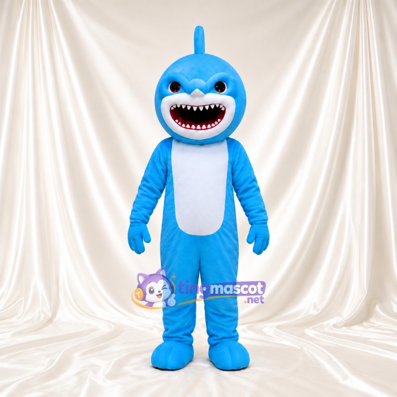 Costume de mascotte Requin – bleu – Ventre (blanc); Bouche (large, avec dents) Costume de mascotte Requin – bleu – Ventre (blanc); Bouche (large, avec dents)