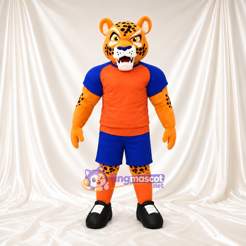 Costume de mascotte Léopard – orange – Maillot de sport (orange); Short (bleu) Costume de mascotte Léopard – orange – Maillot de sport (orange); Short (bleu)