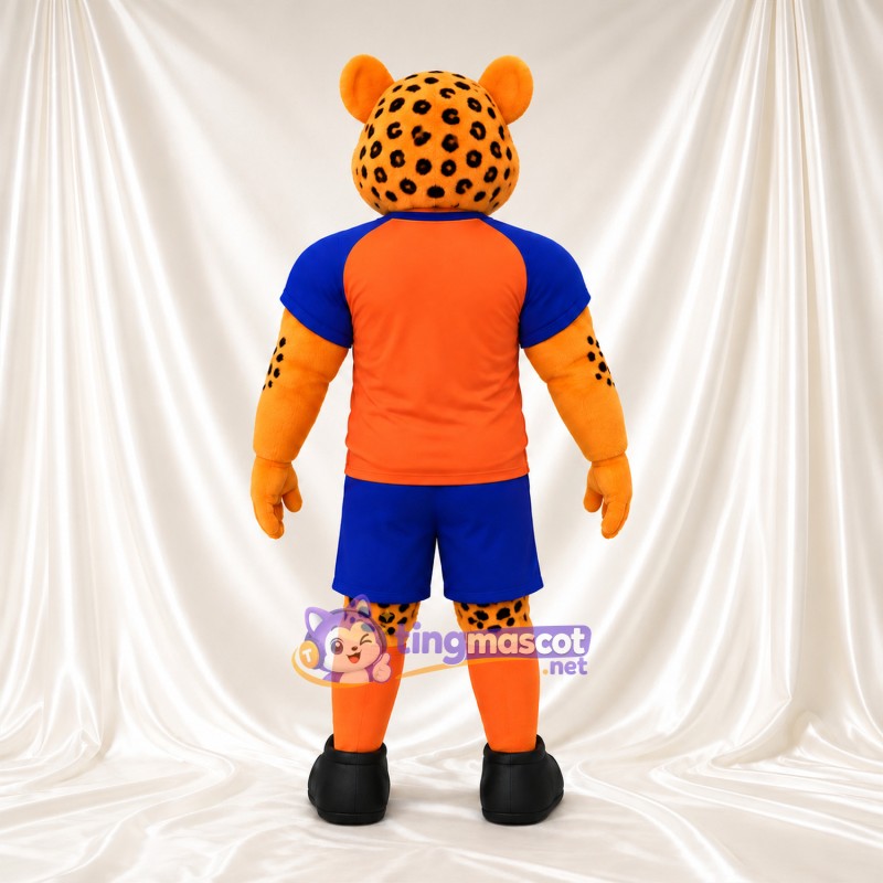 Costume de mascotte Léopard – orange – Maillot de sport (orange); Short (bleu) Costume de mascotte Léopard – orange – Maillot de sport (orange); Short (bleu)