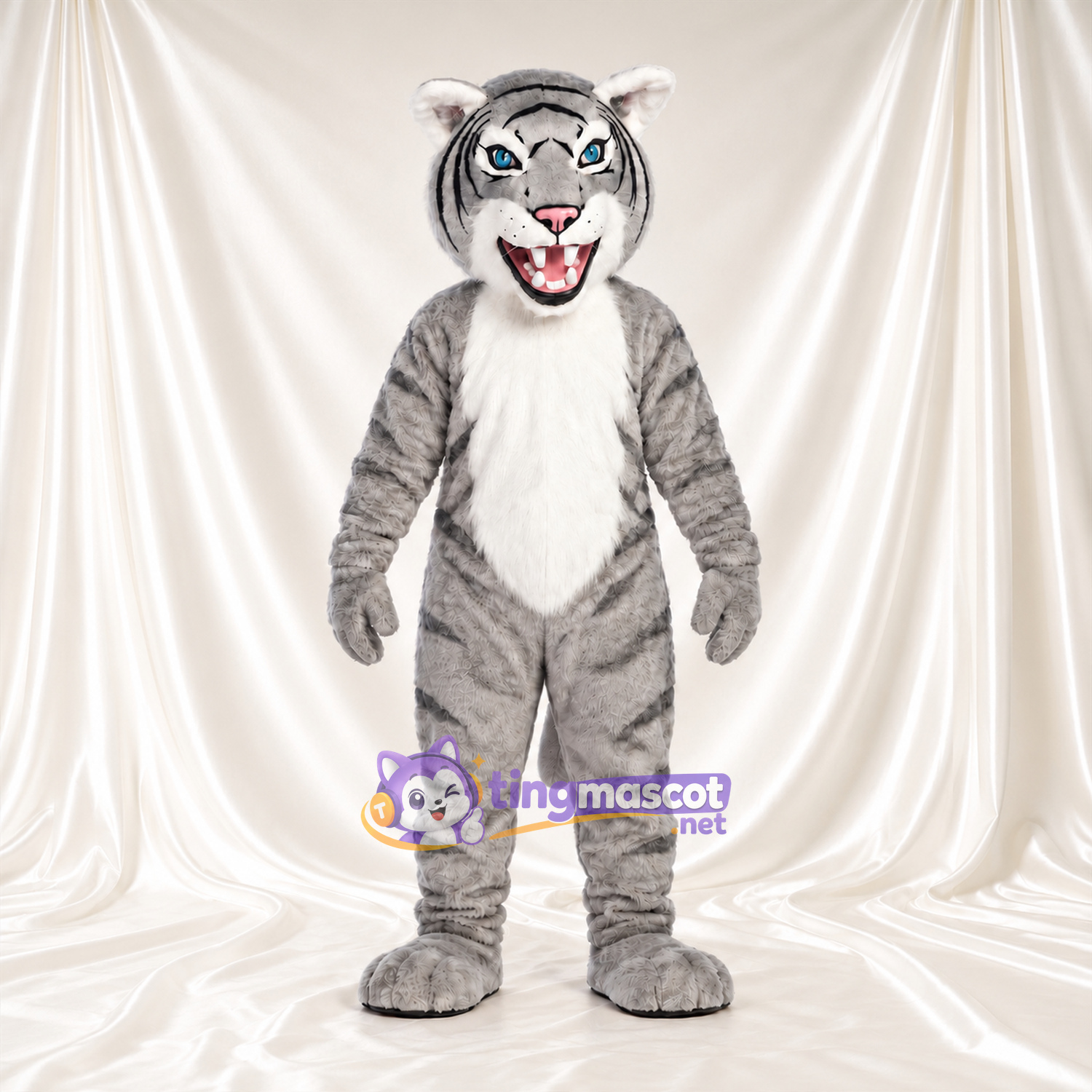 Costume de mascotte Tigre – blanc – Corps rayé (gris); Torse (blanc) Costume de mascotte Tigre – blanc – Corps rayé (gris); Torse (blanc)