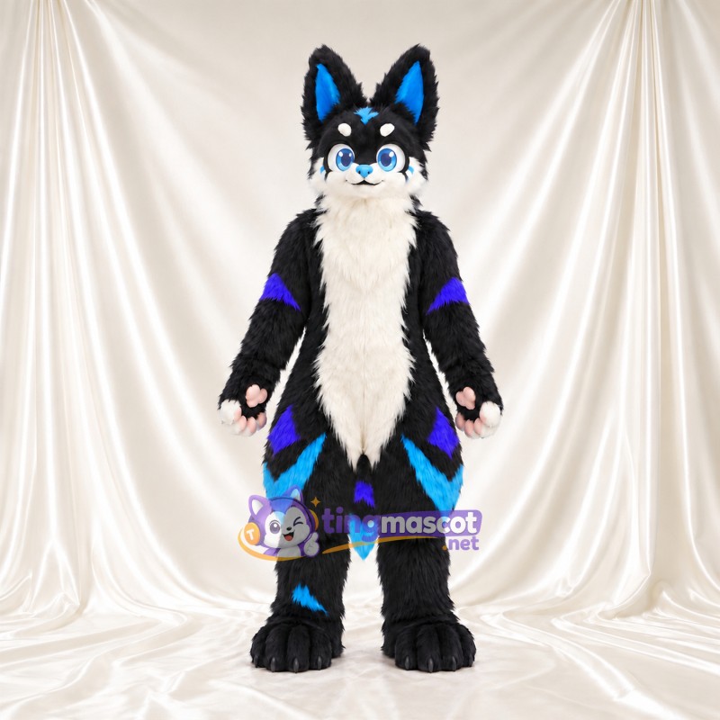 Black Fox Mascot Costume - Blue and Purple Accents Black Fox Mascot Costume - Blue and Purple Accents