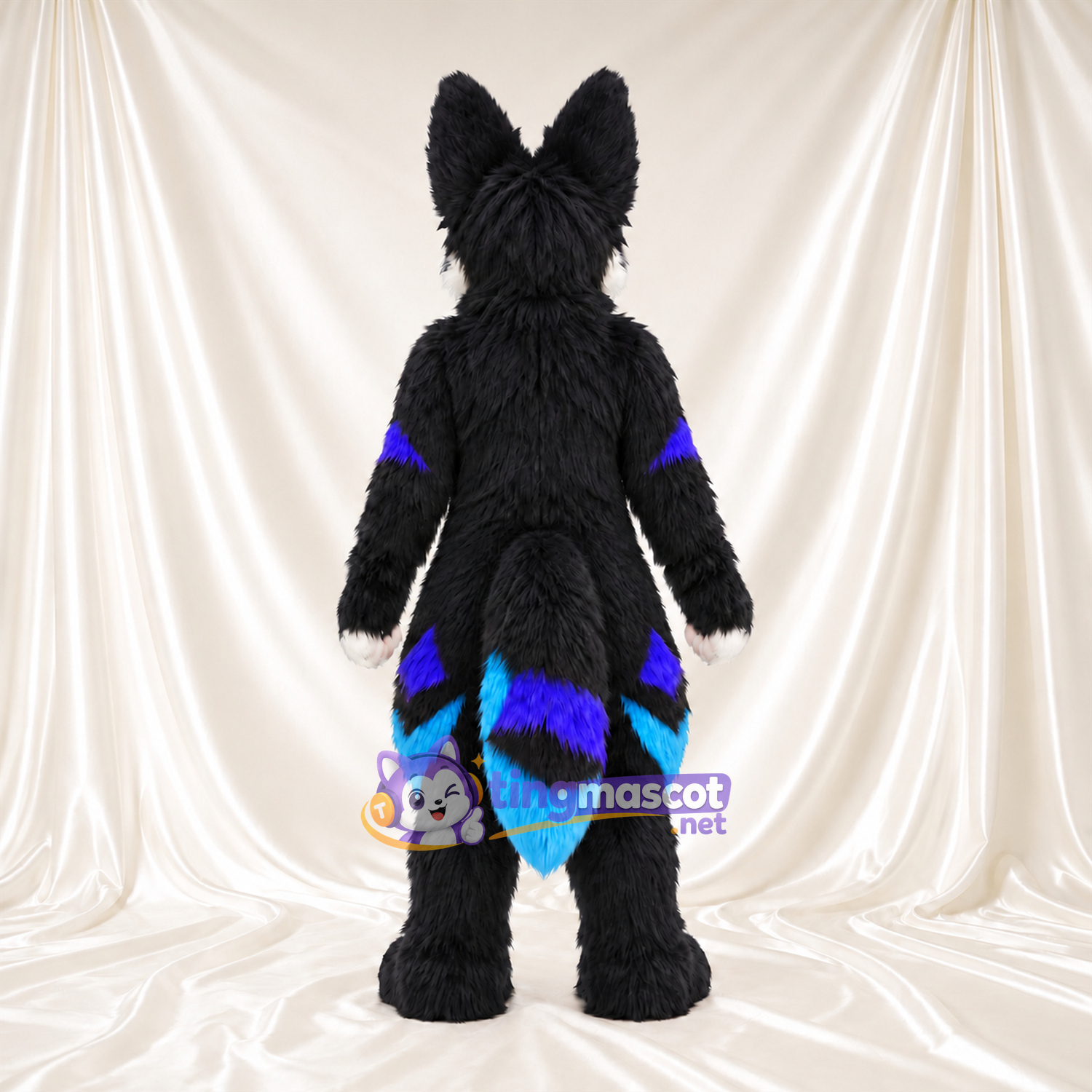 Black Fox Mascot Costume - Blue and Purple Accents Black Fox Mascot Costume - Blue and Purple Accents