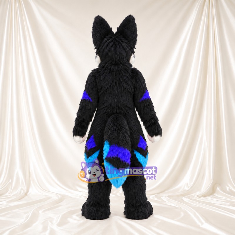 Black Fox Mascot Costume - Blue and Purple Accents Black Fox Mascot Costume - Blue and Purple Accents