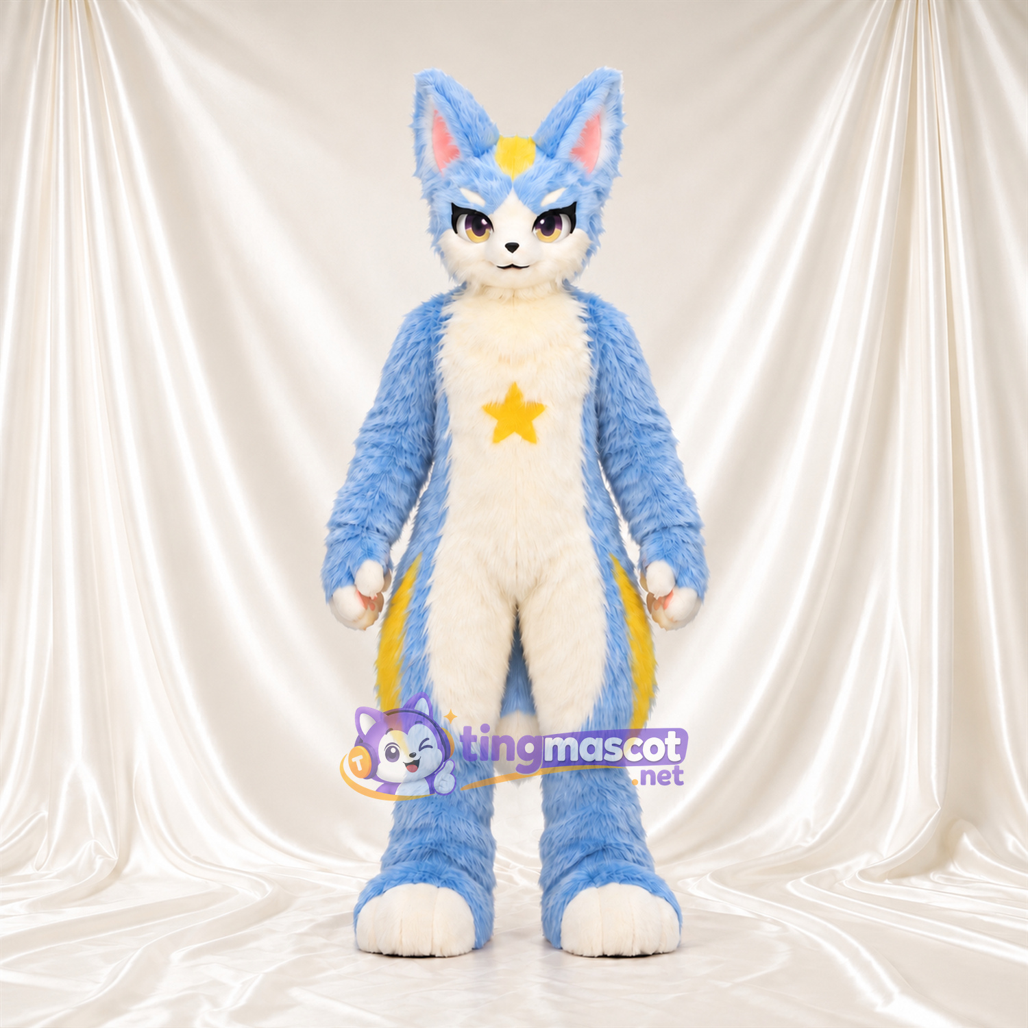 Costume de mascotte Renard – bleu – Torse (jaune); Étoile; Ventre (crème) Costume de mascotte Renard – bleu – Torse (jaune); Étoile; Ventre (crème)