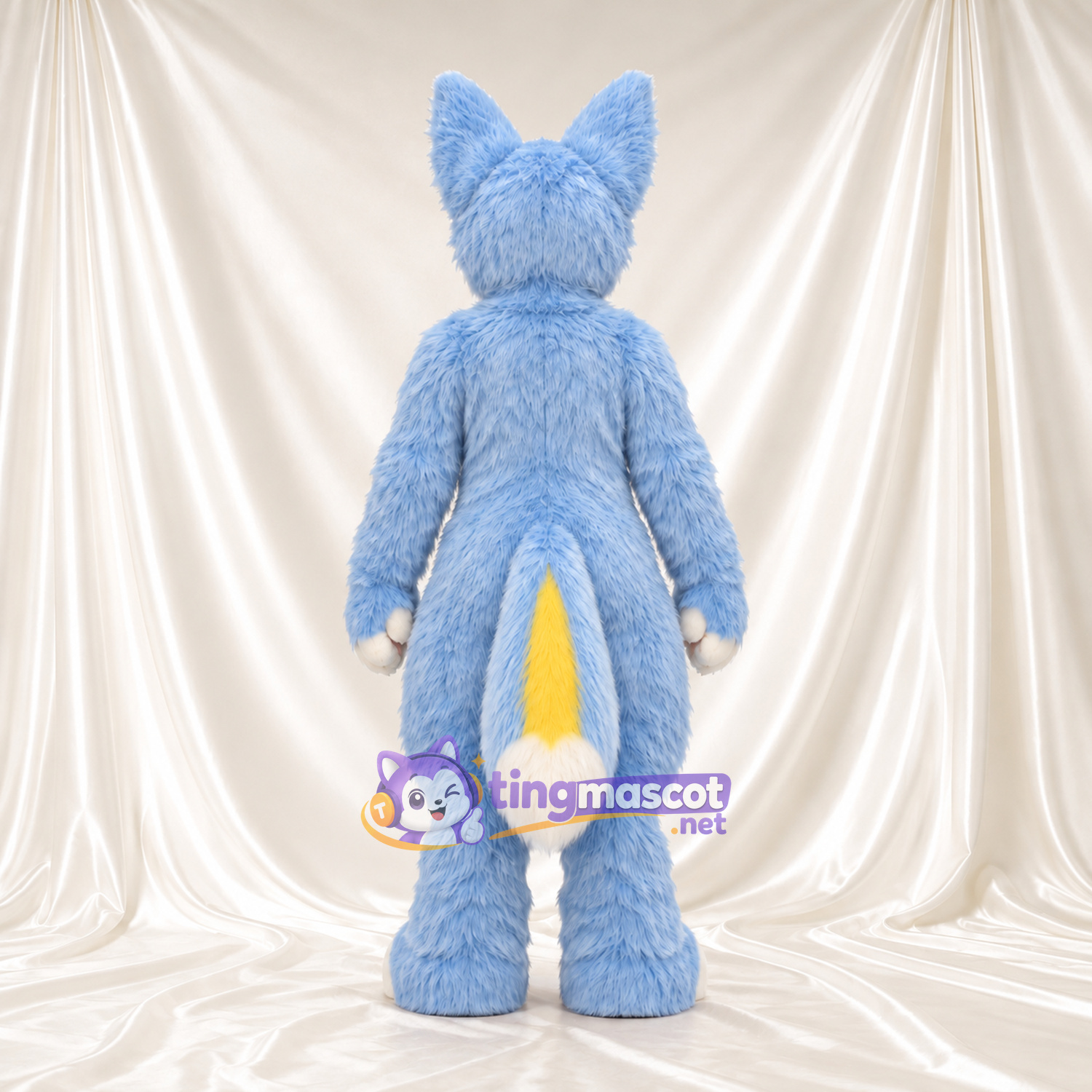 Costume de mascotte Renard – bleu – Torse (jaune); Étoile; Ventre (crème) Costume de mascotte Renard – bleu – Torse (jaune); Étoile; Ventre (crème)