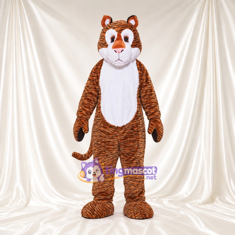 Costume de mascotte Tigre – marron – Fines rayures; Ventre (blanc)
