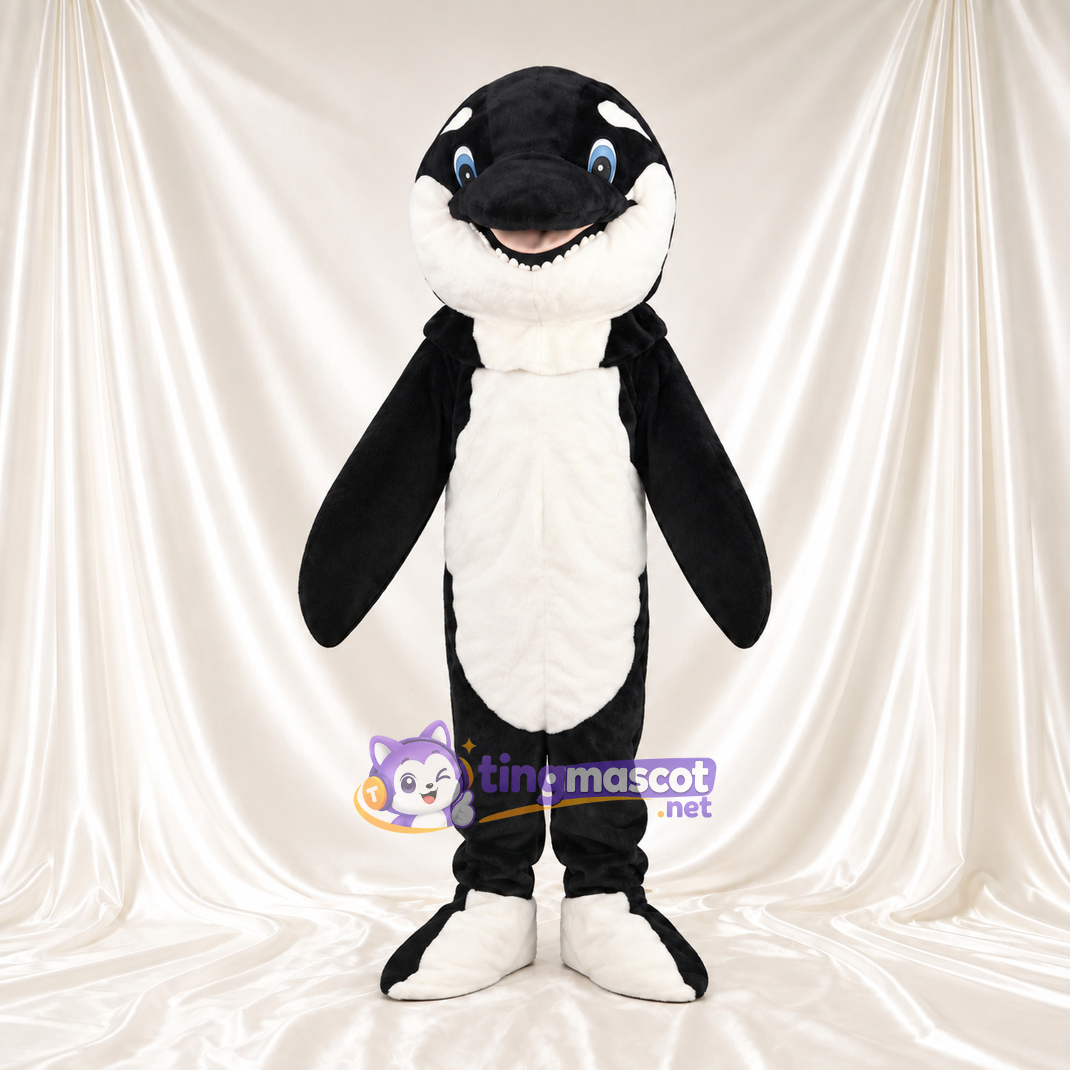 Black and White Orca Mascot Costume - Long Flippers and Smiling Face Black and White Orca Mascot Costume - Long Flippers and Smiling Face