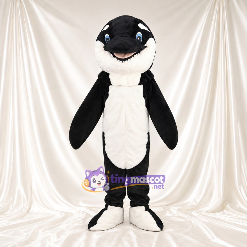 Black and White Orca Mascot Costume - Long Flippers and Smiling Face Black and White Orca Mascot Costume - Long Flippers and Smiling Face