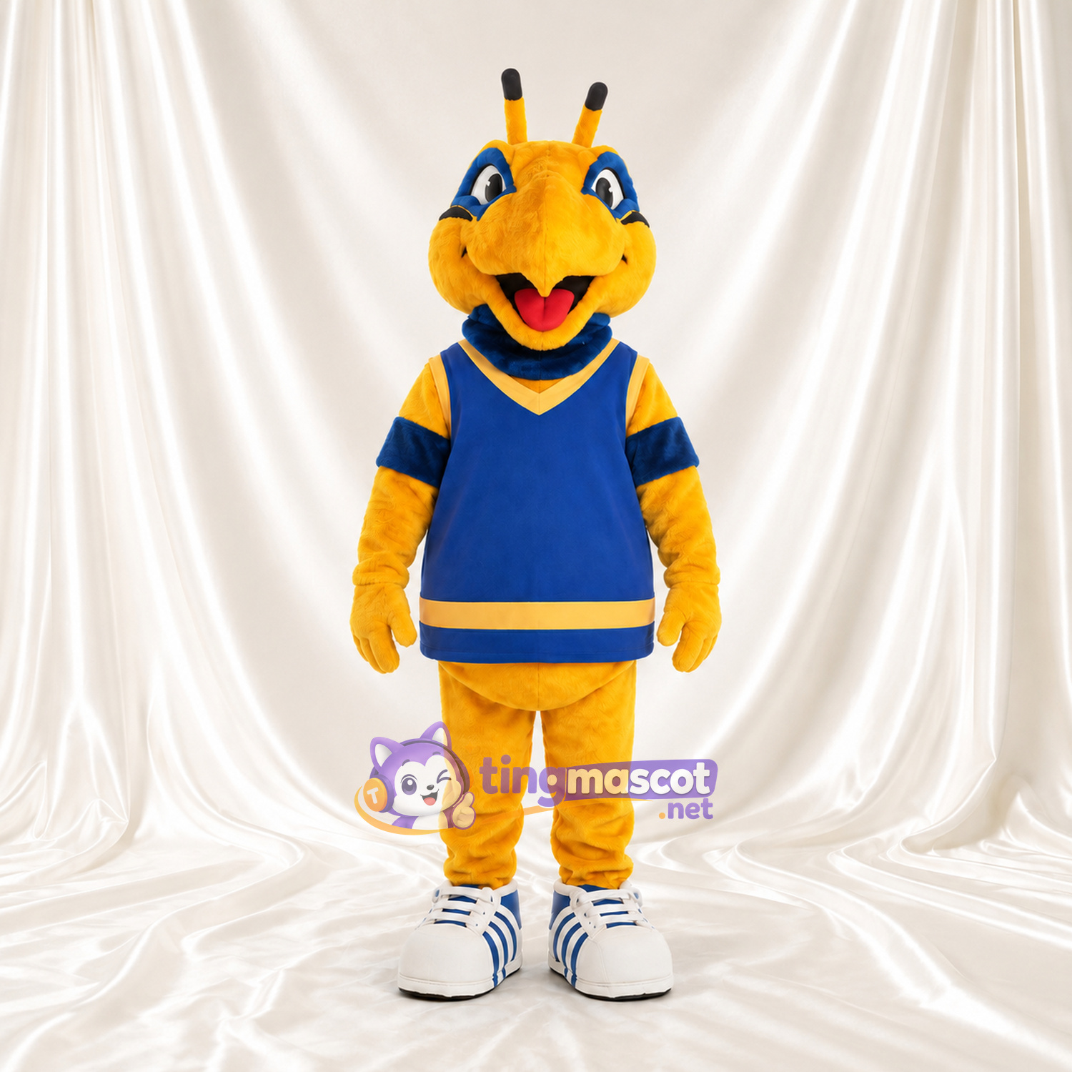 Costume de mascotte Abeille – jaune – Maillot de sport (bleu marine); Baskets (blanc) Costume de mascotte Abeille – jaune – Maillot de sport (bleu marine); Baskets (blanc)