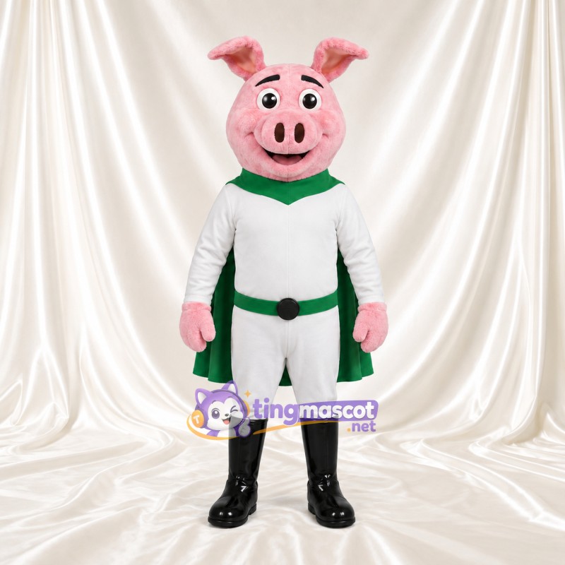 Maskottchenkostüm Schwein – rosa – Anzug (weiß); Umhang (grün) Maskottchenkostüm Schwein – rosa – Anzug (weiß); Umhang (grün)