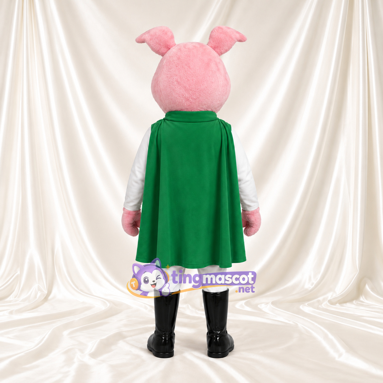 Maskottchenkostüm Schwein – rosa – Anzug (weiß); Umhang (grün) Maskottchenkostüm Schwein – rosa – Anzug (weiß); Umhang (grün)