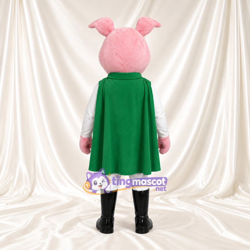 Maskottchenkostüm Schwein – rosa – Anzug (weiß); Umhang (grün) Maskottchenkostüm Schwein – rosa – Anzug (weiß); Umhang (grün)
