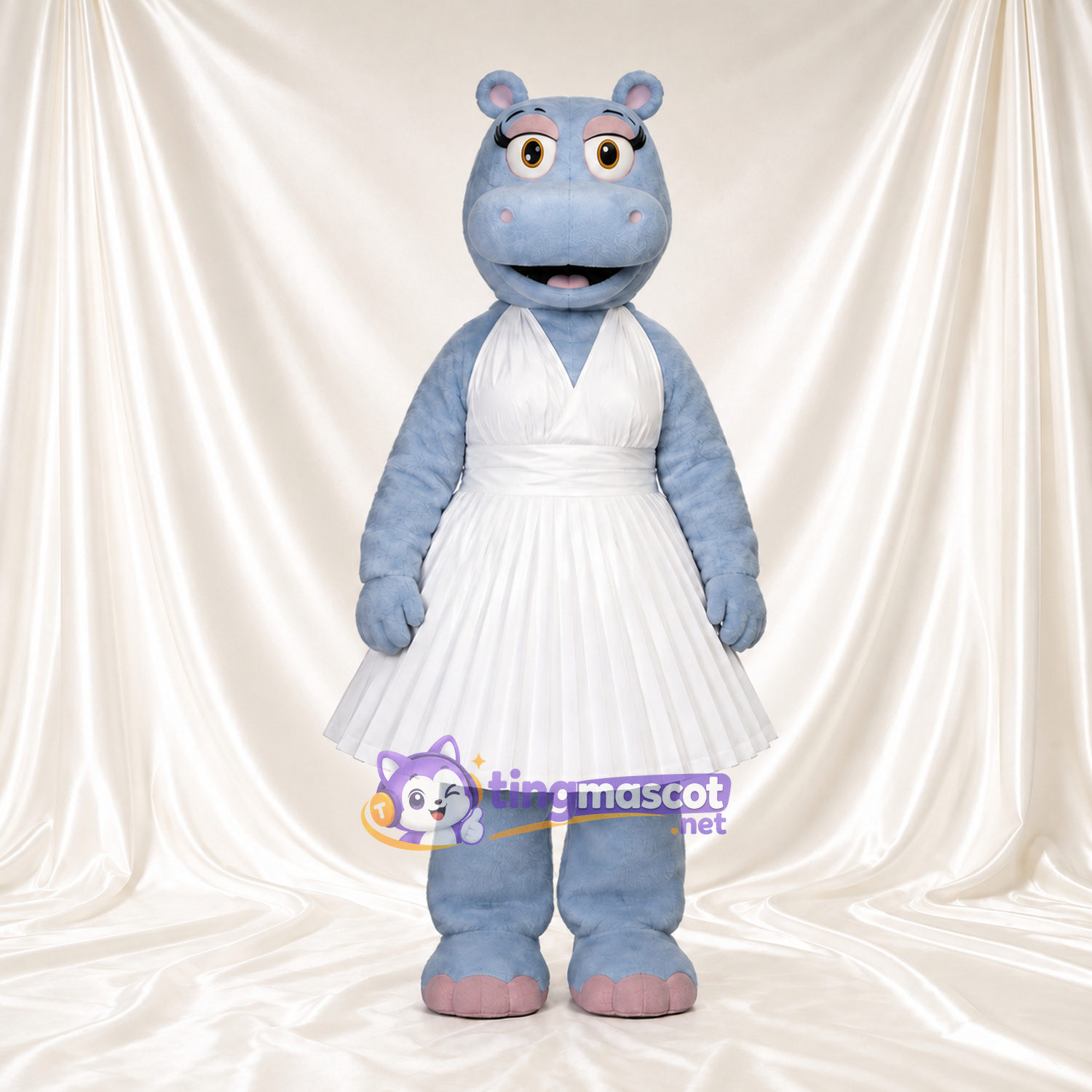 Blue Hippo Mascot Costume - White Pleated Dress Blue Hippo Mascot Costume - White Pleated Dress