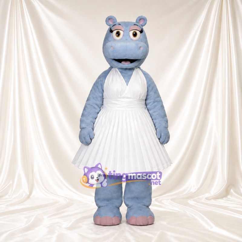 Blue Hippo Mascot Costume - White Pleated Dress Blue Hippo Mascot Costume - White Pleated Dress